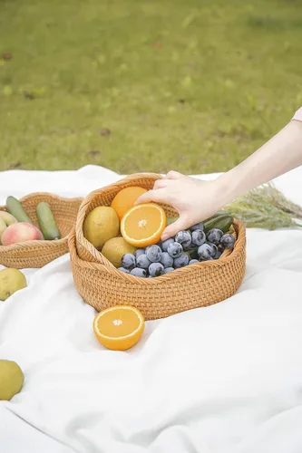 Miniatura 2 de HITOMEN Cestas de pan de ratán hechas a mano, cestas redondas de mimbre para frutas, tazones de almacenamiento de servicio, naturales, decorativas