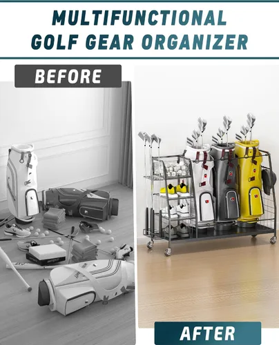 Miniatura 6 de Organizador de bolsas de golf para garaje – Estante de almacenamiento de 3 bolsas de golf con ruedas bloqueables – Soporte para equipos de golf