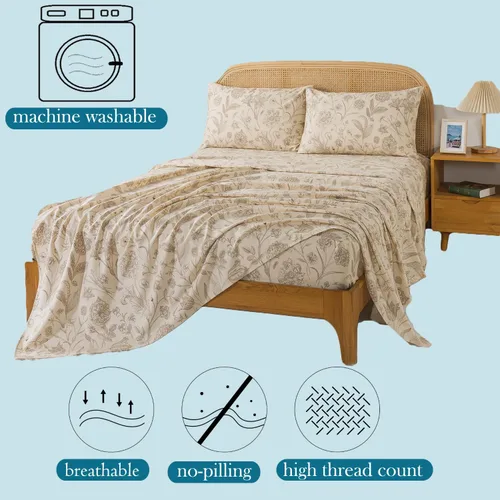 Miniatura 4 de Zusbest Juego de sábanas de tamaño King de 100% algodón percal, color beige floral, cepilladas, extra suaves, transpirables, sábanas de franela Caqui