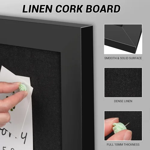 Miniatura 5 de Tablero de anuncios de corcho negro con lino, tablero de corcho negro con marco de madera de 30 x 20 pulgadas, tablero de oficina para decoración