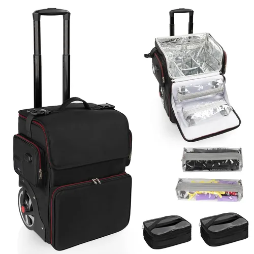 Miniatura 10 de Estuche de maquillaje grande con una bolsa de viaje grande para estilista, bolsa de peluquería con bolsa desmontable, aislamiento térmico y capa