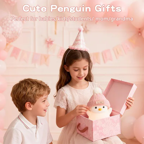 Miniatura 6 de FAMIDUO Luz nocturna de pingüino, bonita lámpara de pingüino rosa con sombrero de punto, luz nocturna de silicona suave para bebé, recargable