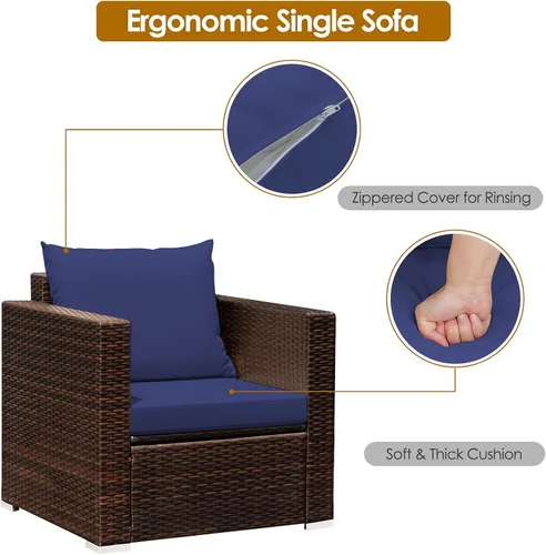 Miniatura 4 de RELAX4LIFE Juego de sofá de mimbre de 3 piezas, juego de sofá de ratán para patio al aire libre con cojines lavables y mesa de centro de vidrio Azul