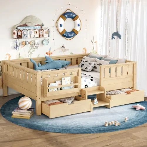 Miniatura 20 de Bellemave Cama Montessori de tamaño Queen con 2 cajones y estantería, camas de suelo para niños con barandillas de seguridad y escaleras, marco