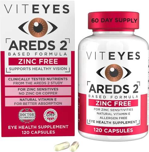 Viteyes AREDS 2 Soporte macular sin zinc, cápsulas naturales sin alérgenos con vitamina E, vitamina C, luteína y zeaxantina, sin zinc, sin cobre,