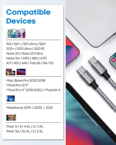 Miniatura 6 de etguuds Cable USB C a USB C de 2 pies, paquete de 2 unidades, 60W USBC a USBC, cable de carga tipo C a C de carga rápida para iPhone 17 16 15 Pro