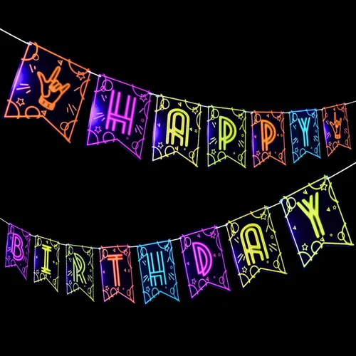 Cartel de feliz cumpleaños brillante, letrero de neón prestrung Let Glow Party Banner para luz negra, suministros de fiesta de neón para