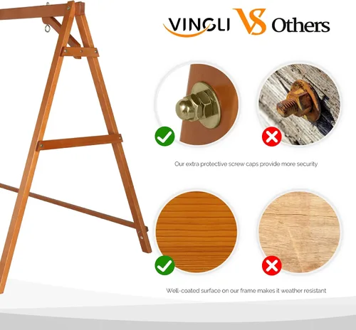 Miniatura 3 de VINGLI Marco de columpio para porche de 6.2 pies, soporte de madera resistente de 660 libras, soporte de columpio de madera con barra de conexión