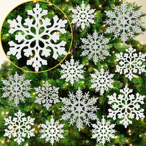 Miniatura 28 de Decoraciones para árbol de Navidad, adornos de copo de nieve, 36 piezas de copos de nieve colgantes de plástico con purpurina azul y plateado