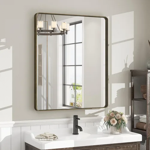Miniatura 147 de Paquete de 2 espejos de baño con marco de metal negro de 22 x 30 pulgadas, espejo rectangular redondeado negro mate, antioxidante, se cuelga