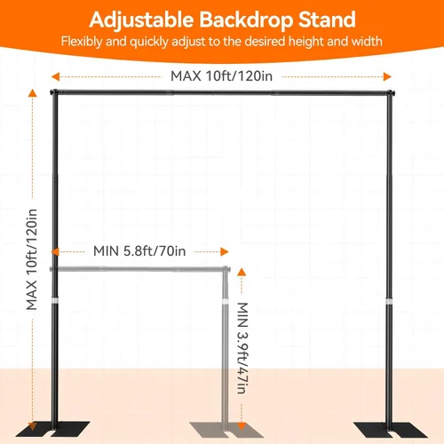Miniatura 2 de Kit de soporte de fondo de tubo y cortina de 10 x 10 pies, soporte ajustable resistente con bolsa de transporte, marco de fondo de metal para Negro