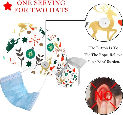 Miniatura 3 de 2 PCS Bouffant Cap with Button Ponytail Pouch Working Cap Sweatband Adjustable Surgical Cap Deer Floral Watercolor