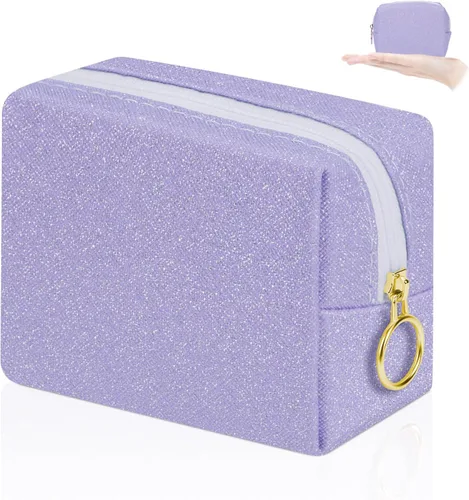 Miniatura 10 de Bolsa de maquillaje pequeña de 5.1 x 5.1 pulgadas para monedero, material flocado, mini bolsa de maquillaje de viaje con dos bolsillos internos