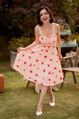 Miniatura 4 de Belle Poque - Vestido vintage sin mangas, para mujer, diseño floral, fruncido, lindo, acampanado, con vuelo, largo por debajo de la rodilla
