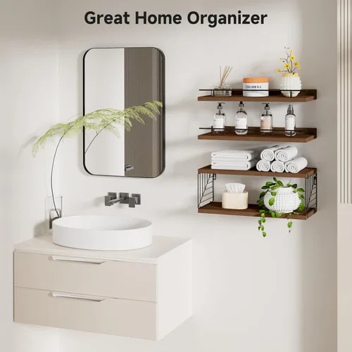 Miniatura 5 de Estantes flotantes para pared, estante flotante para baño, juego de 3, estante flotante para pared con soporte de papel higiénico para baño, Marrón