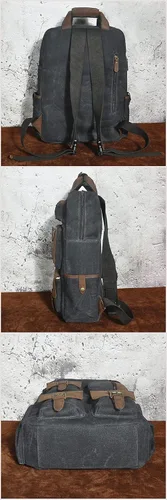 Miniatura 4 de Le'aokuu Lona y cuero genuino impermeable unisex adulto mochila diaria mochila casual bolsa de viaje, Negro