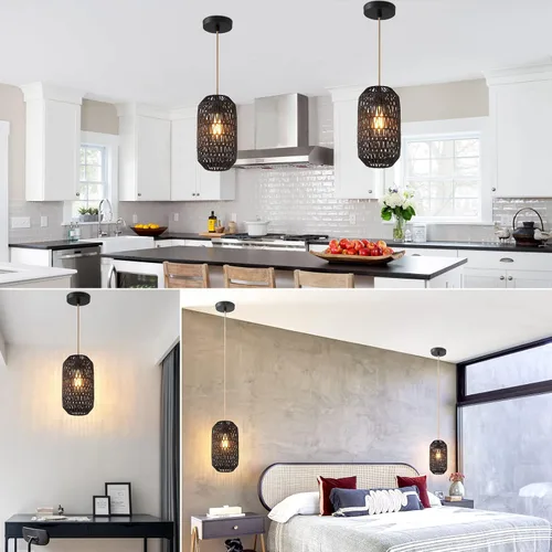 Miniatura 3 de Ruzectt Luminarias Colgantes Luces Colgantes de Ratán Negro para Isla de Cocina con Cable de Algodón Dorado Ajustable de 72 pulgadas, Lámpara