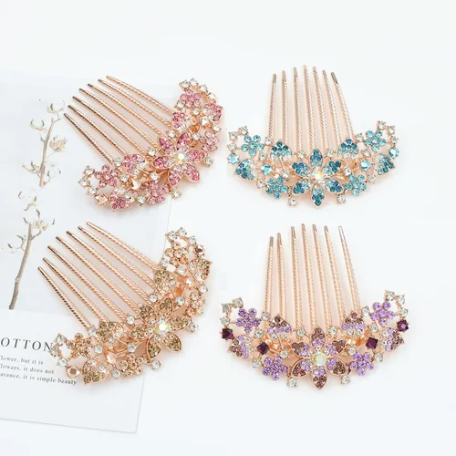 Miniatura 6 de inSowni Paquete de 4 piezas de diamantes de imitación de cristal de metal dorado con purpurina de lujo, peines laterales con dientes largos, moño