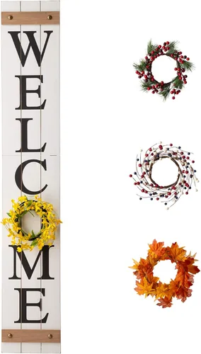 Miniatura 8 de Glitzhome - Letrero con palabra en inglés «Welcome» para puerta delantera, porche, rústico, de madera, con 3 coronas de flores intercambiables