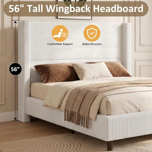 Miniatura 5 de WEUP Queen Bed Frame with Tall Headboard, 56" Corduroy Upholstered Bed Frames, Premier Modern Sturdy Wingback Cloud Bed-Frame Platform, Thicker