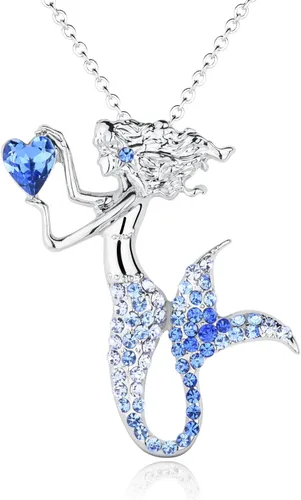 luomart Collar de piedra natal de sirena de moda, chapado en oro blanco, colgante de cristal austriaco, regalo para niñas y mujeres, Estrás,