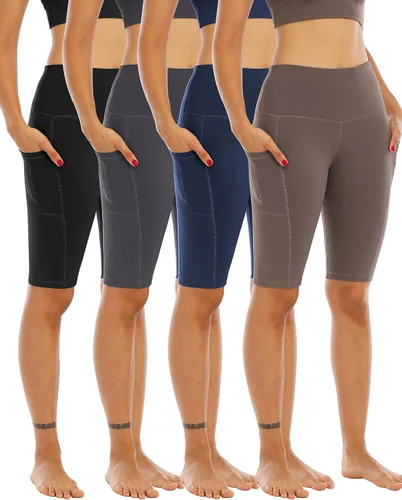 Miniatura 22 de WHOUARE Paquete de 4 pantalones cortos de yoga con bolsillos para mujer, cintura alta, atléticos, correr, entrenamiento, gimnasio, control de abdomen