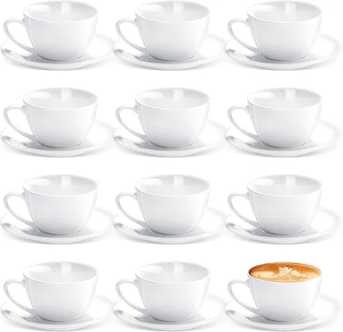 Miniatura 8 de Maxdot Juego de 12 tazas de café de porcelana de 2.7 onzas con platillos, tazas de café y platillos de cerámica blanca, taza de capuchino, taza
