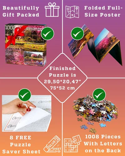 Miniatura 6 de Rompecabezas de 1000 piezas para adultos – Villa escénica con cerezos en flor, caja lista para regalo, letras en la parte posterior, 8 hojas Cerezos