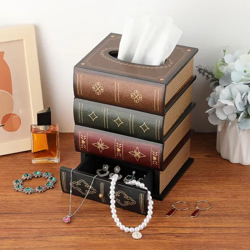 Miniatura 2 de Funda de madera antigua para caja de pañuelos con cajón de almacenamiento, soporte cuadrado para pañuelos decorativos, estuche dispensador de Parte