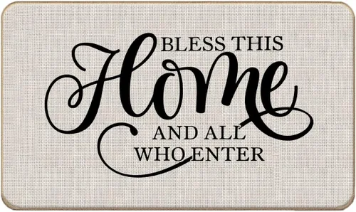 Farmhouse Bless This Home and All Who Enter - Felpudo decorativo para puerta de entrada, 17 x 30 pulgadas, para interiores y exteriores, patio,