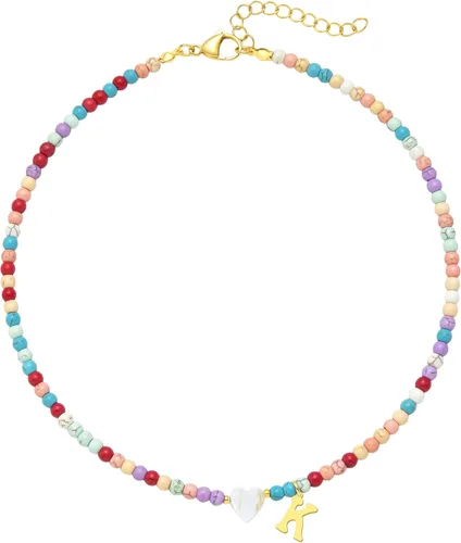 Collar de cuentas con inicial de oro colorido para mujer, hecho a mano, para niñas, de acero inoxidable con cuentas de colores, gargantilla de oro