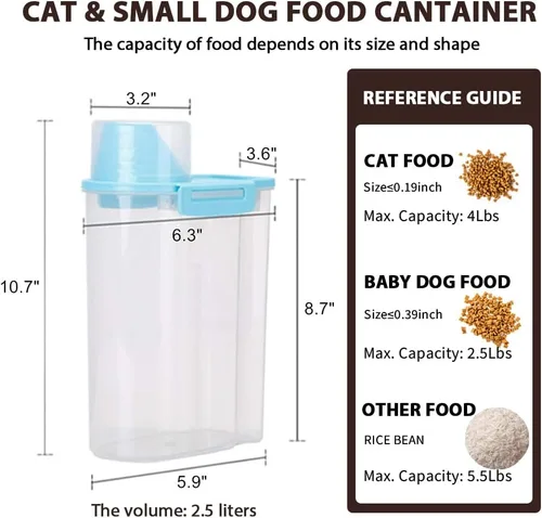 Miniatura 2 de Recipiente de almacenamiento de alimentos para mascotas con taza graduada y hebillas de sello, dispensador de alimentos para perros y gatos (azul)