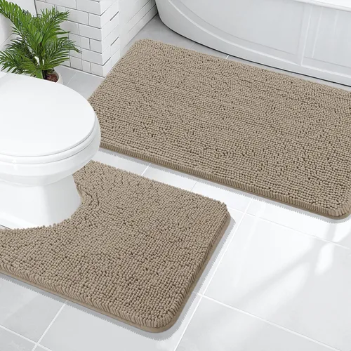 Miniatura 80 de OLANLY Juego de alfombras de baño de 2 piezas, alfombras de baño de chenilla suave y absorbente y alfombra de contorno en forma de U para inodoro