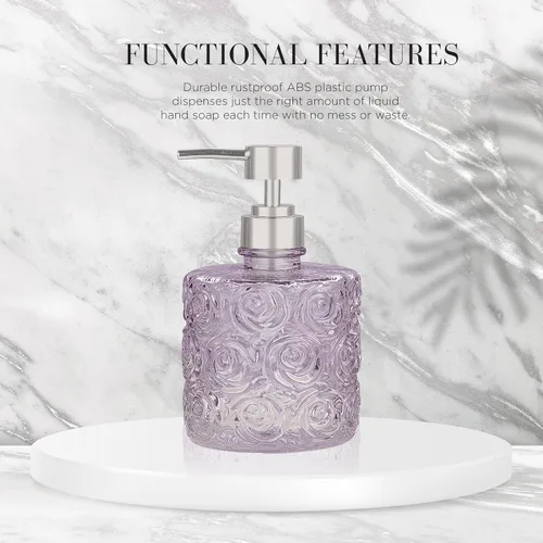 Miniatura 6 de Dispensador de jabón de vidrio Marcella con bomba de jabón, recargable con capacidad de 400 ml, diseño floral con patrones de rosas, vidrio grueso