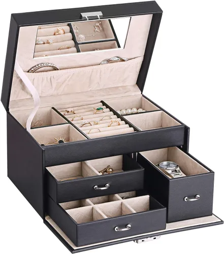 BEWISHOME Caja organizadora de joyas de 20 secciones con candado, estuche portátil de almacenamiento de joyas para mujeres y niñas, aretes, anillo,