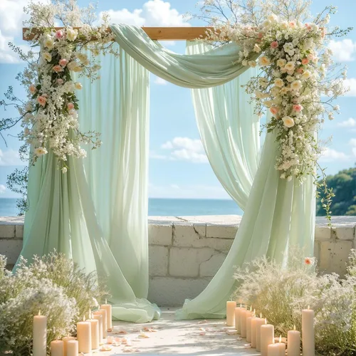 Tela drapeada para arco de boda de 28 x 19 pies, telón de fondo de tela de gasa transparente, 2 paneles de cortinas verde salvia para decoración de
