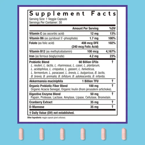 Miniatura 2 de Doctor's Recipes Probióticos para mujeres, Akkermansia Muciniphila, prebióticos, arándano, D-manosa, hierro, folato, VC, B6, B12, 60 mil millones