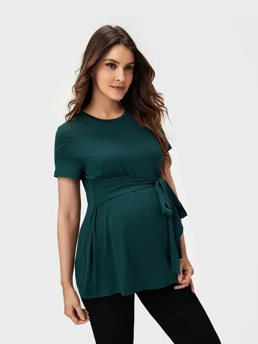 Miniatura 5 de OYOANGLE Camisetas básicas de maternidad para mujer, con lazo frontal, manga corta, cuello redondo, peplum