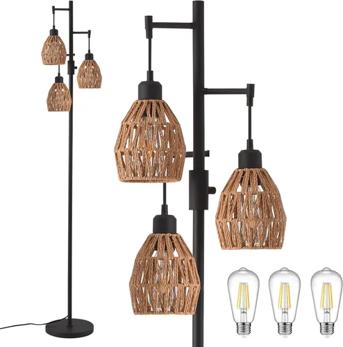 Lámpara de pie de ratán bohemio para sala de estar, lámpara de pie regulable de 70 pulgadas con pantalla de jaula, lámparas de pie industriales de