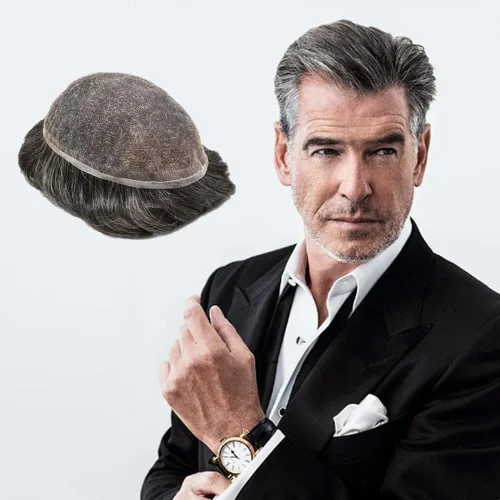 Miniatura 8 de Toupee para hombres Piezas de cabello humano real, encaje francés completo para hombres, pieza de cabello, nudos blanqueados, línea capilar natural