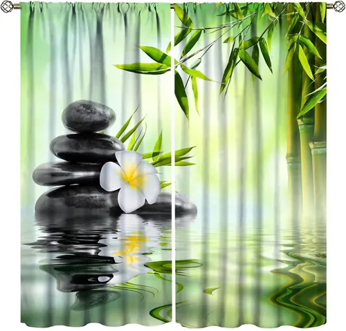Miniatura 40 de Cortinas con estampado de bambú verde natural, plantas asiáticas, japonesas, tallos rústicos, hojas, cortina de selva con bolsillo para cortinero