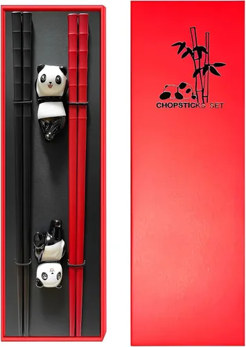 Miniatura 12 de Juego de palillos panda con reposo de regalo, aptos para lavavajillas, reutilizables, de fibra de vidrio, palillos y soporte de porcelana