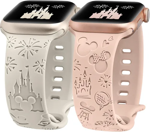 Miniatura 10 de 2 paquetes de correas grabadas con dibujos animados compatibles con Apple Watch de 38/40/41/42/44/45/46/49 mm, correa de silicona suave y linda