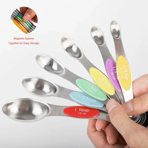 Miniatura 5 de Juego de cucharas medidoras magnéticas de acero inoxidable apilables de doble cara, cucharaditas y cucharadas para medir ingredientes secos y Color 6