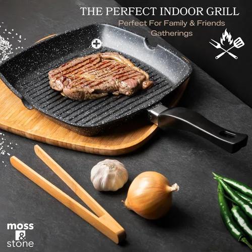 Miniatura 6 de Moss & Stone Sartén Parrilla Antiadherente de Aluminio para Estufas, Sartén Parrilla Versátil con Picos Vertedores, Sartén Parrilla Cuadrada de 11