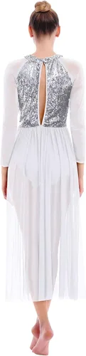 Miniatura 2 de AFAVOM Vestido de baile lírico para mujer, disfraz de baile contemporáneo, manga larga, malla de lentejuelas, falda de tul fluida, ropa de baile
