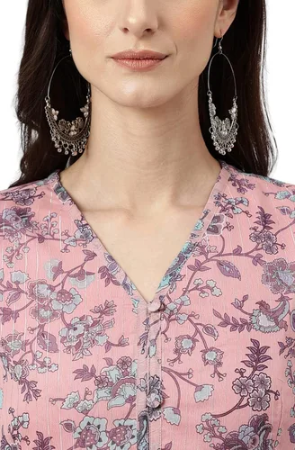 Miniatura 7 de Janasya Vestido acampanado con estampado floral de lúrex de gasa rosa para mujer