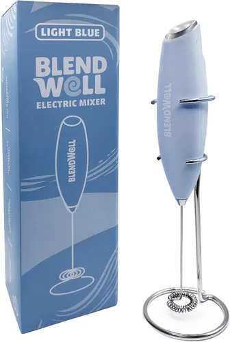 Miniatura 2 de BlendWell Espumador de leche eléctrico para matcha y café, mezclador de bebidas de mano con batería, con soporte, batidor de acero inoxidable, azul