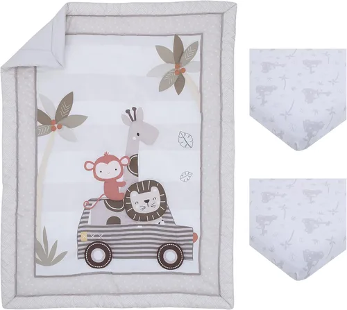 Miniatura 4 de Little Love by NoJo Jungle Ride - Juego de ropa de cama de 3 piezas para cuna, color gris, blanco y marrón, mono, jirafa y león, edredón, dos