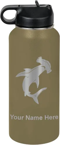Miniatura 21 de LaserGram Botella de agua personalizada, tiburón martillo, acero inoxidable de doble pared aislada al vacío con popote superior, regalo grabado